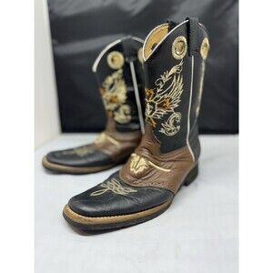 Potrero Leather Square Toe Brown Embroidered Western Biker Cowboy Boots US 9